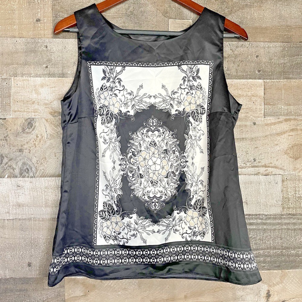 212 Collection Womens Top Size M Black & White Sleeveless Tank Floral Silky Work